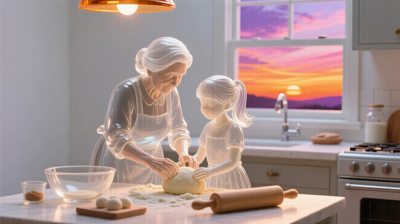 A grandmother teaching her granddaughter to bake in a warm kitchen beneath a sky painted with the colors of sunset, while the moment seems to stretch on peacefully