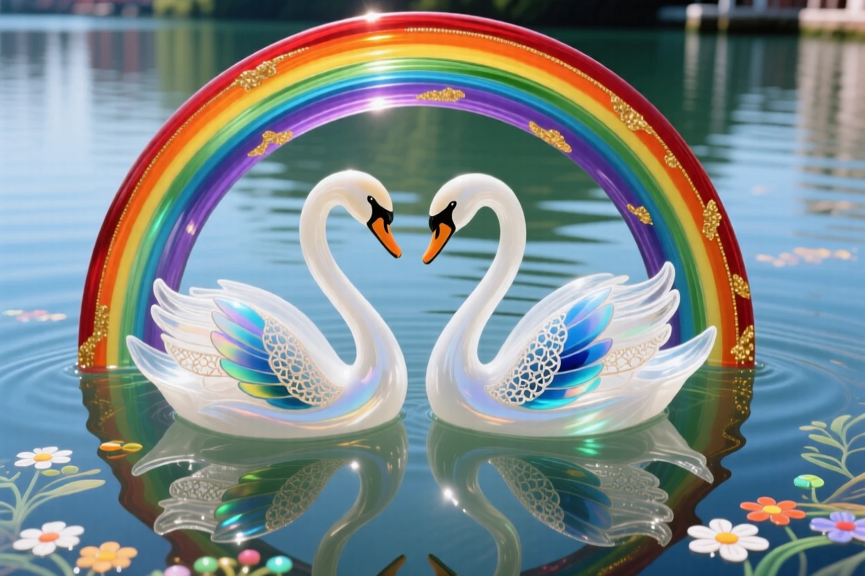 A pair of swans gliding beneath a rainbow reflected in a still lake, elegant and hopeful.