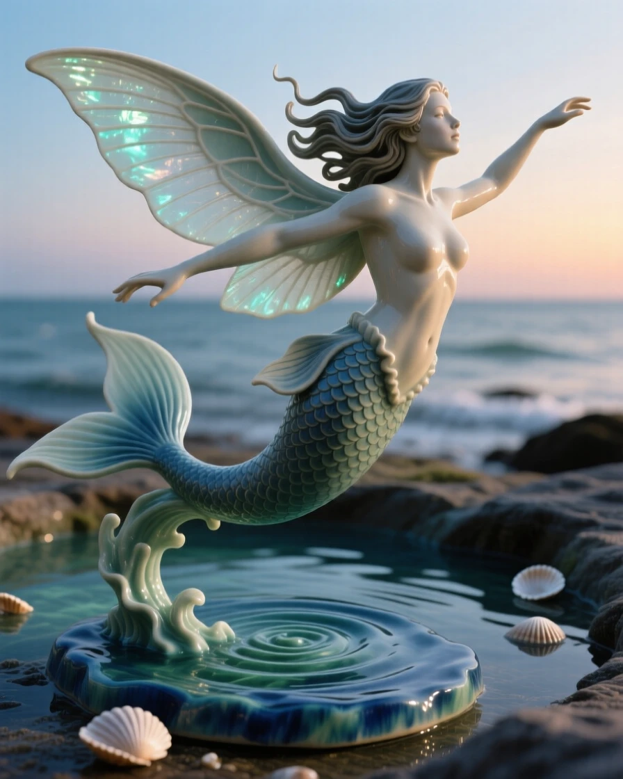 A mermaid gazing into tide pools caught in a graceful, weightless leap, its wings catching the last light of dusk, capturing the enchantment of forgotten legend.