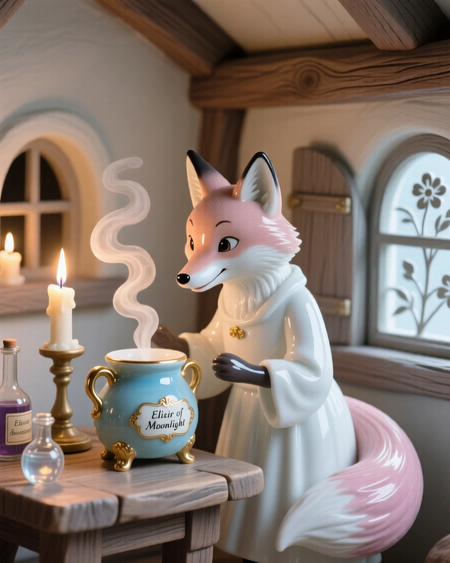 A whimsical scene of a talking fox brewing a shimmering potion by candlelight in a cozy candlelit cottage.