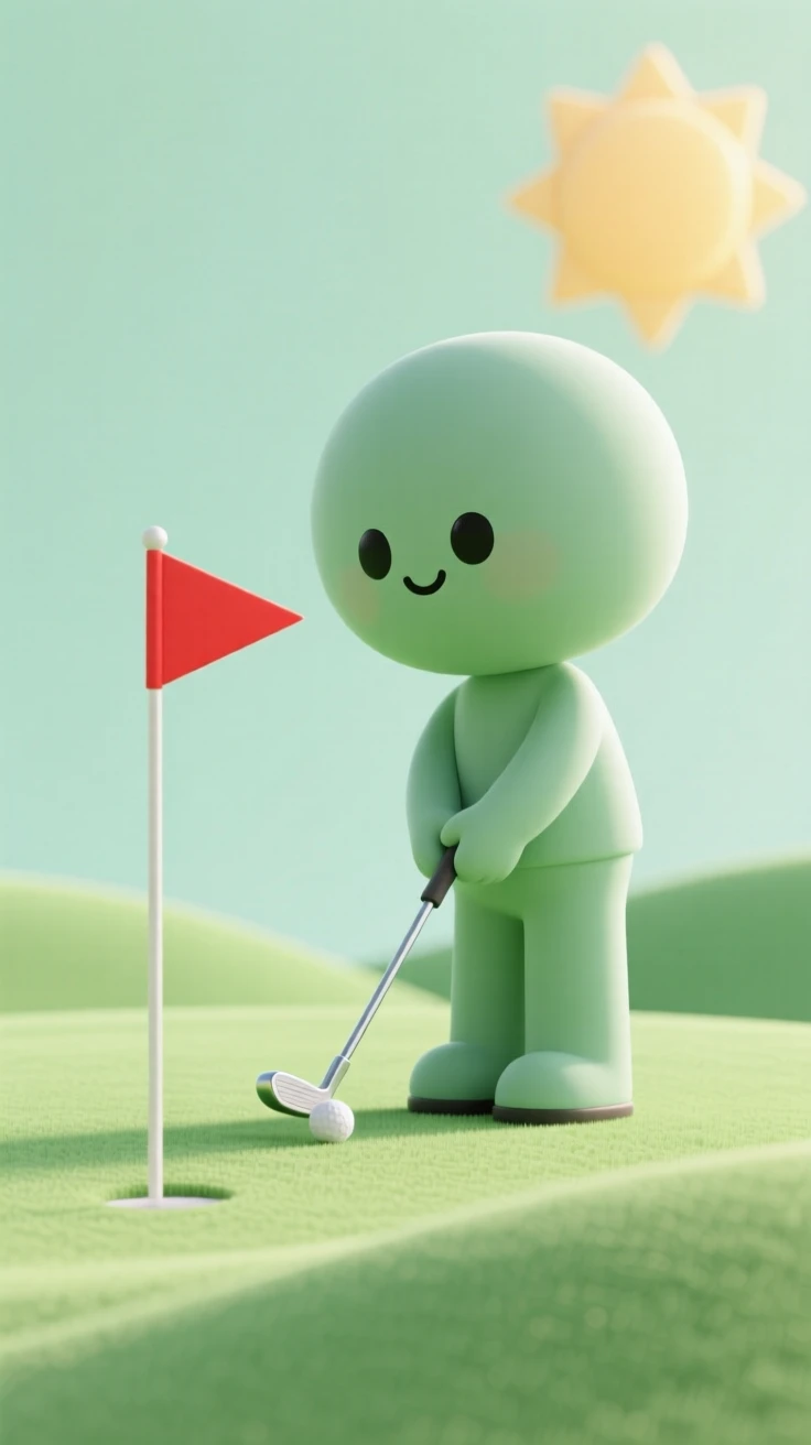 A focused golfer lines up a putt on a sunlit green, club steady and eyes locked on the flag.