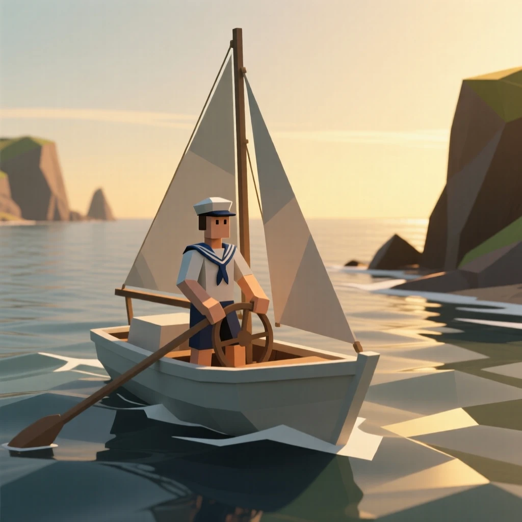 A sailor navigating a boat through open water, at golden hour by the coastline. natural light enhances the vibrant colors of the scene. It captures a feeling of personal accomplishment.
