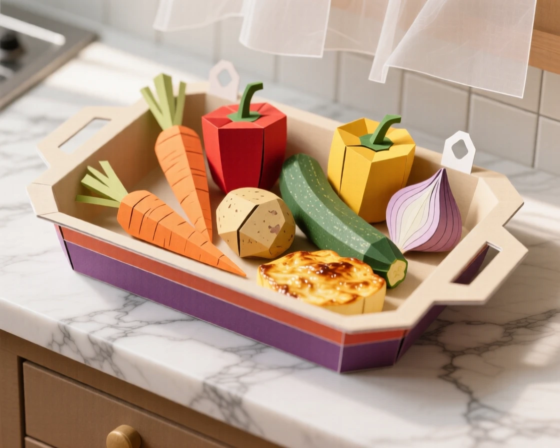 A tray of golden roasted vegetables displayed on an elegant marble counter, with soft natural light highlighting rich colors, capturing the artistry of fine cuisine.