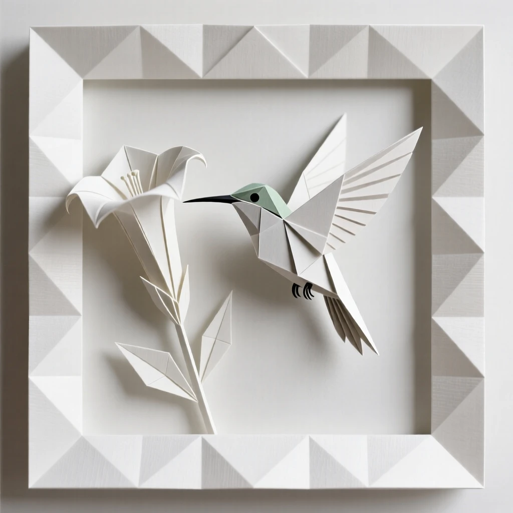 A stylized hummingbird hovering beside an elegant trumpet flower in a decorative frame.