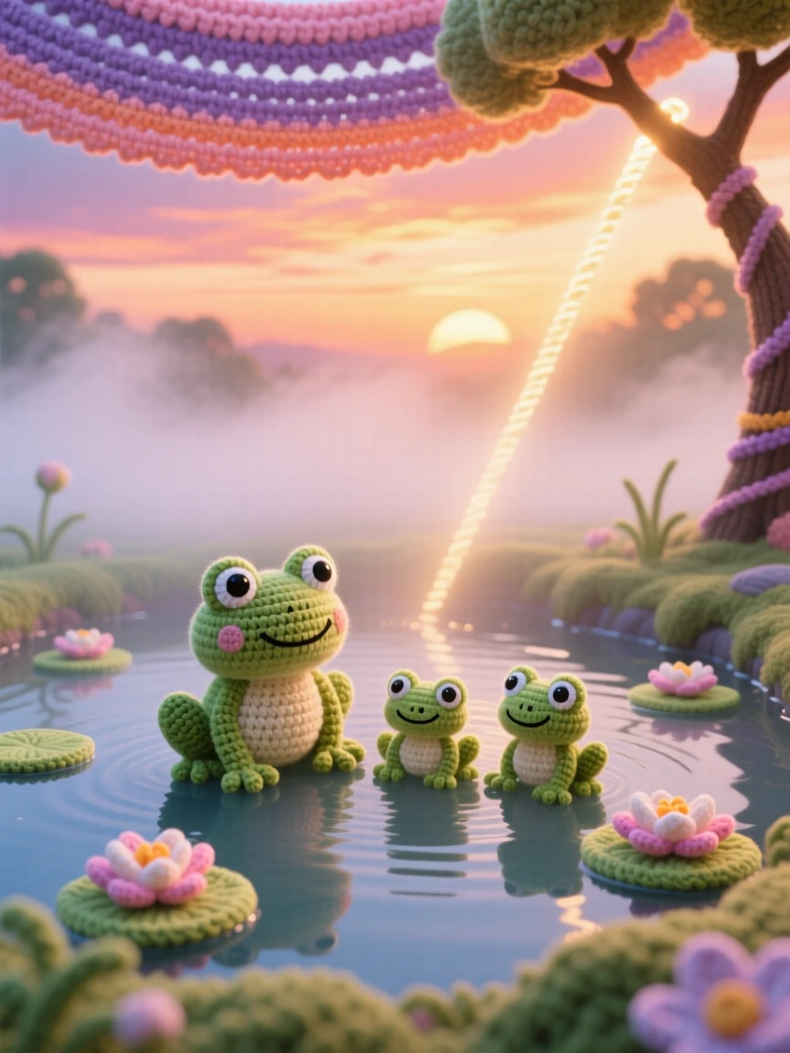 A picturesque scene featuring a quiet lily pond at first light, wrapped in soft morning fog, home to a family of frogs under a sky painted in warm sunset colors, accompanied by a soft beam of light breaking through the trees, capturing gentle awe at nature's quiet grandeur.