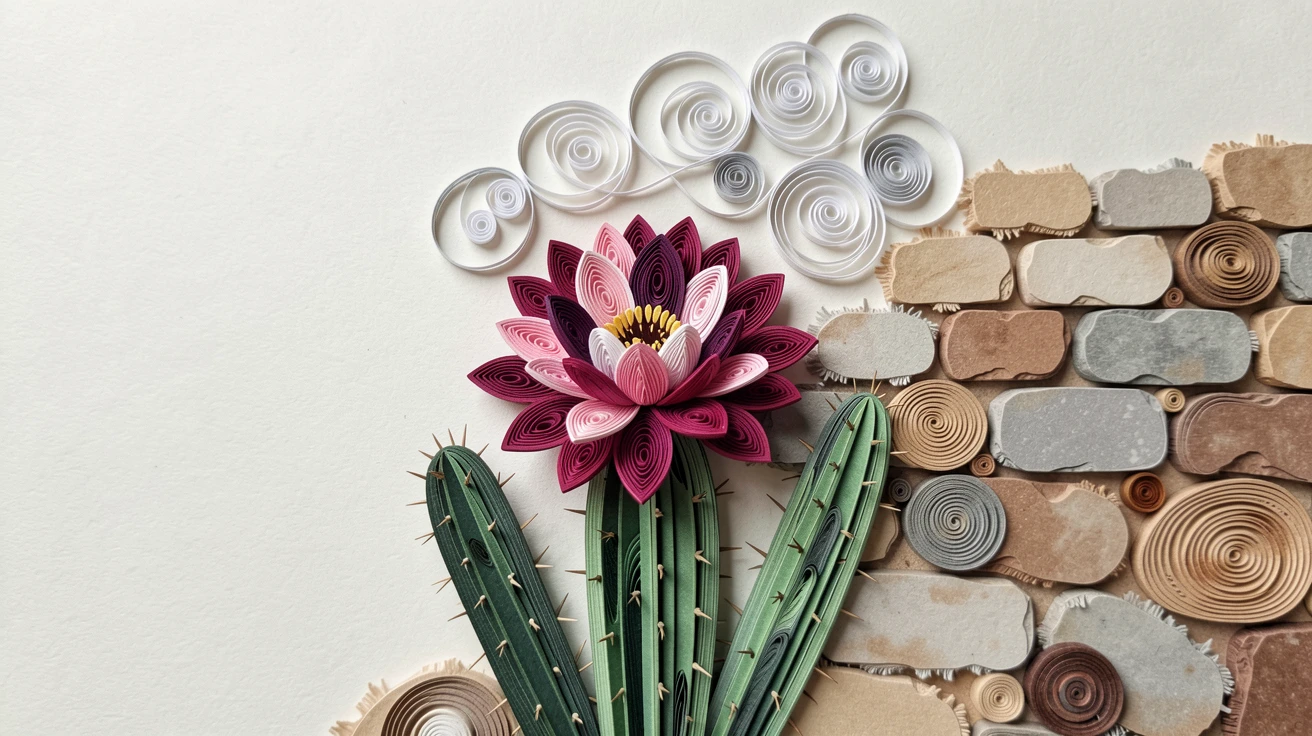 A serene botanical study of a blooming cactus flower in a desert landscape beside a weathered stone garden wall, under a light mist rising from the ground, centered with generous negative space around it.