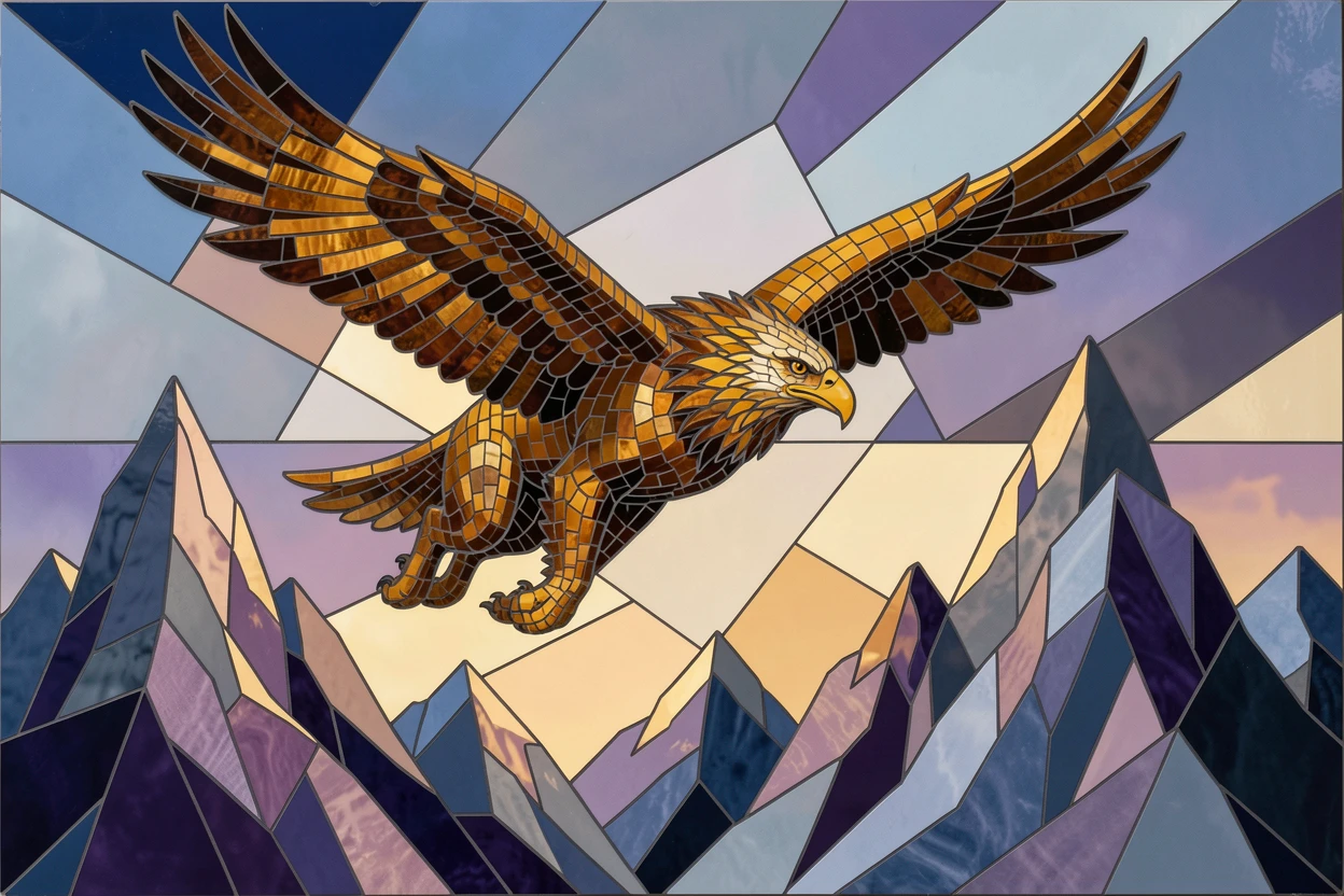 A griffin soaring above a dramatic fantasy mountain range.