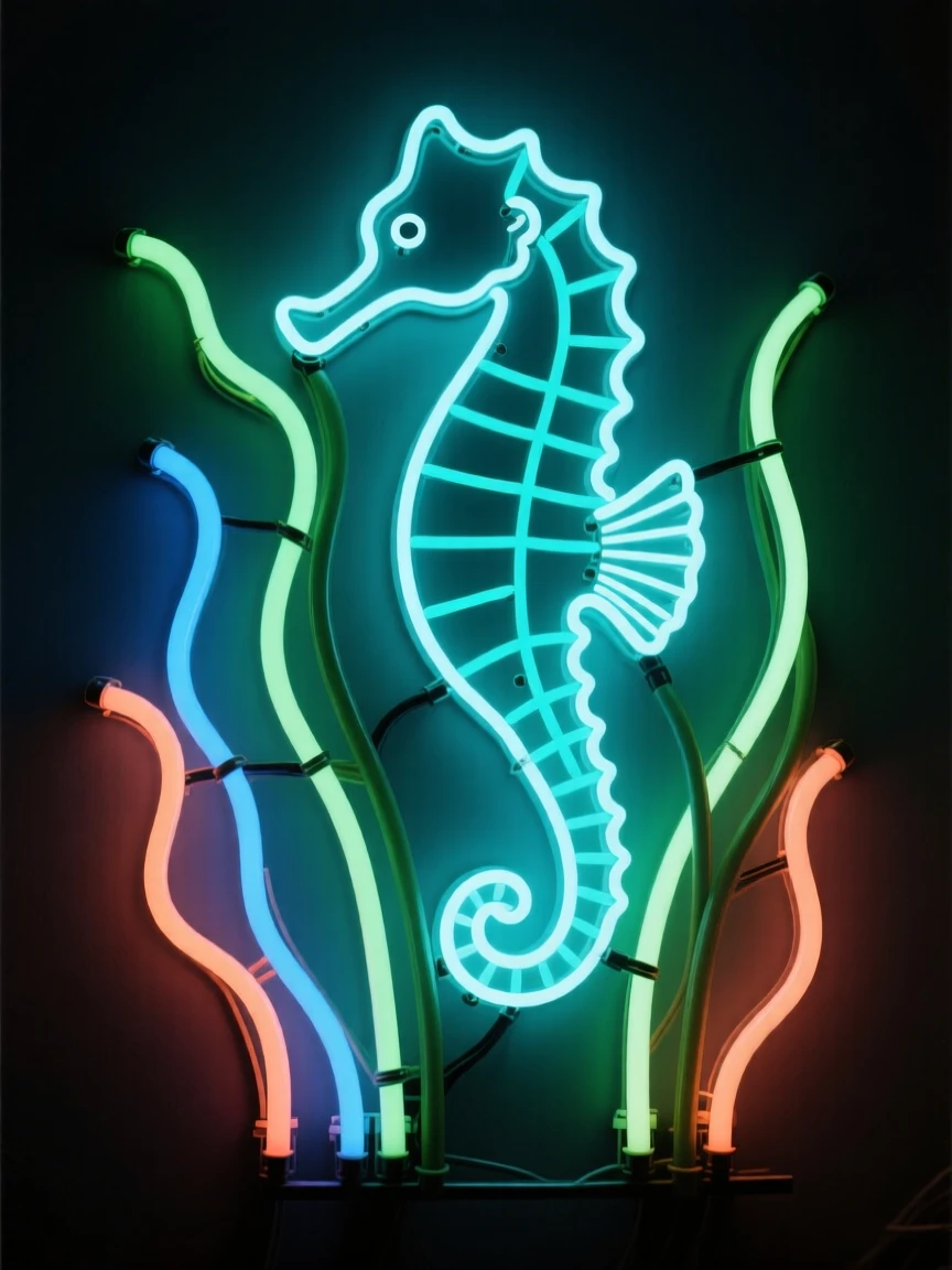 A seahorse clinging to a strand of swaying sea grass.