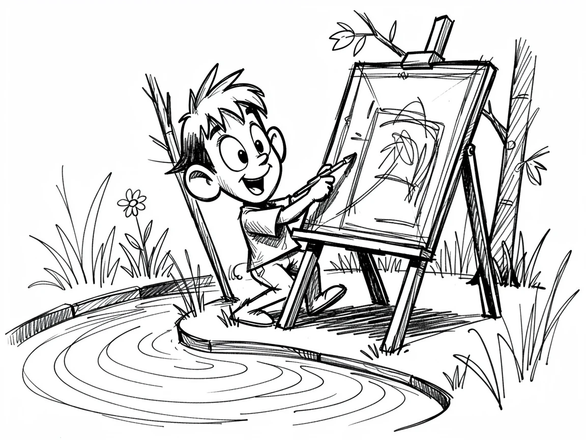 A child painting at an easel in the backyard beside a babbling creek.