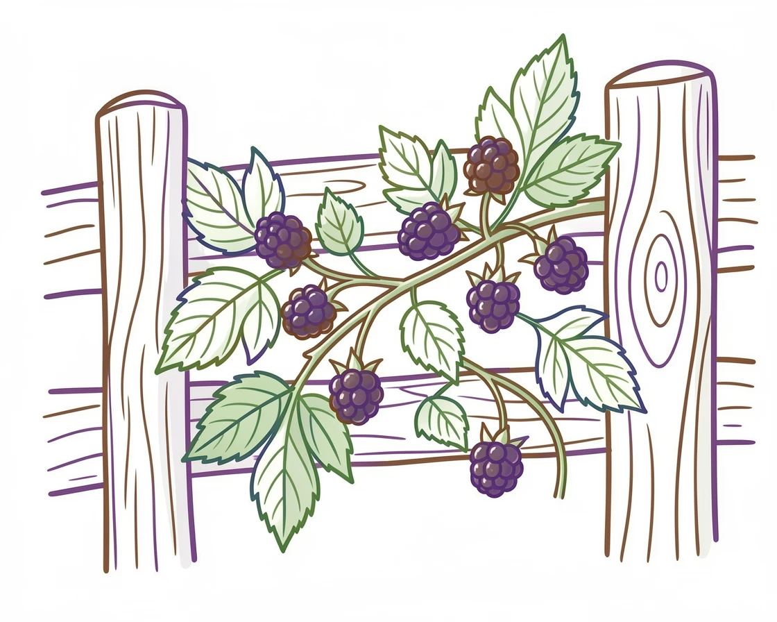 A cluster of wild blackberries growing along a rustic wooden fence.