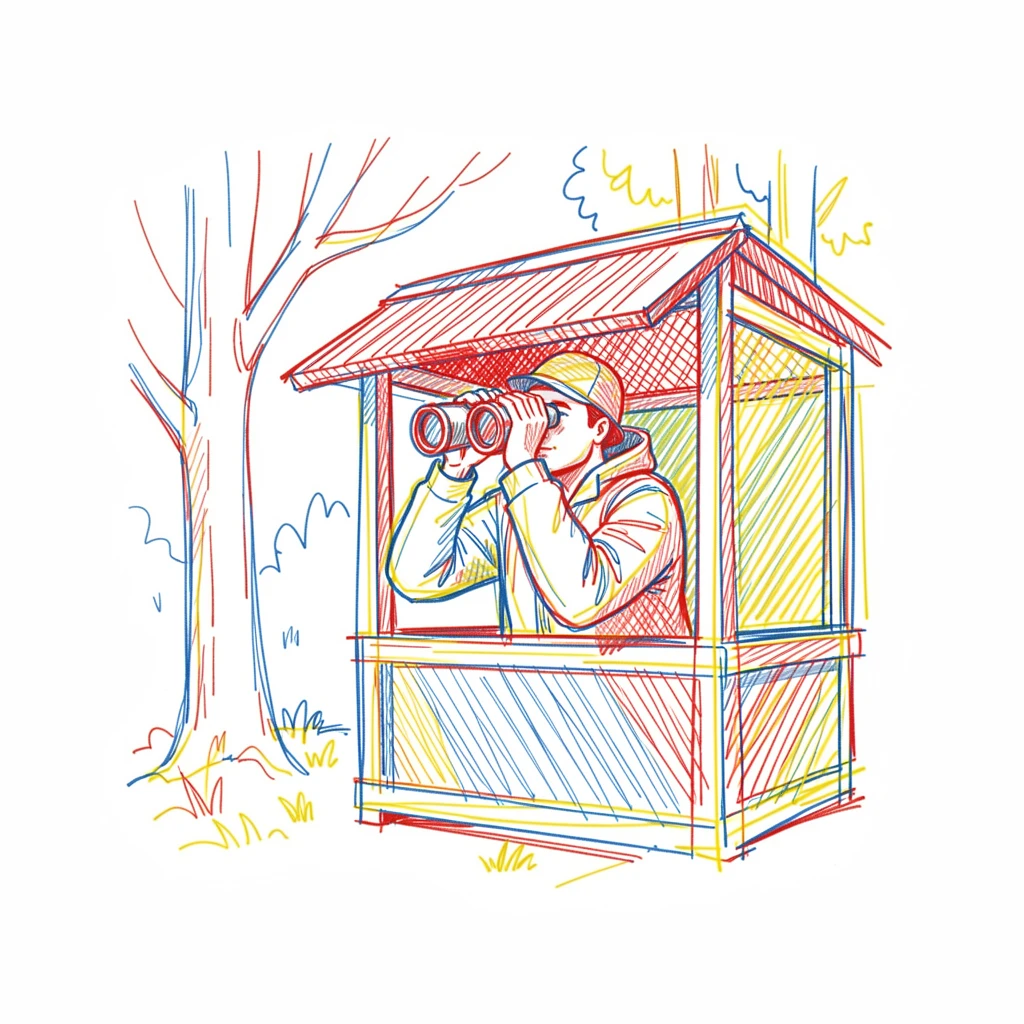 A birdwatcher peering through binoculars from a quiet forest blind