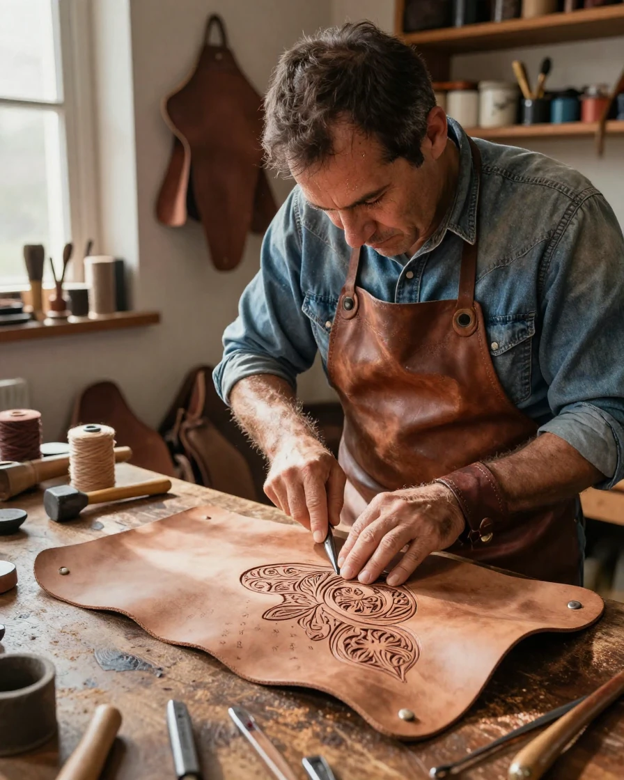 A saddle maker tooling leather with intricate designs