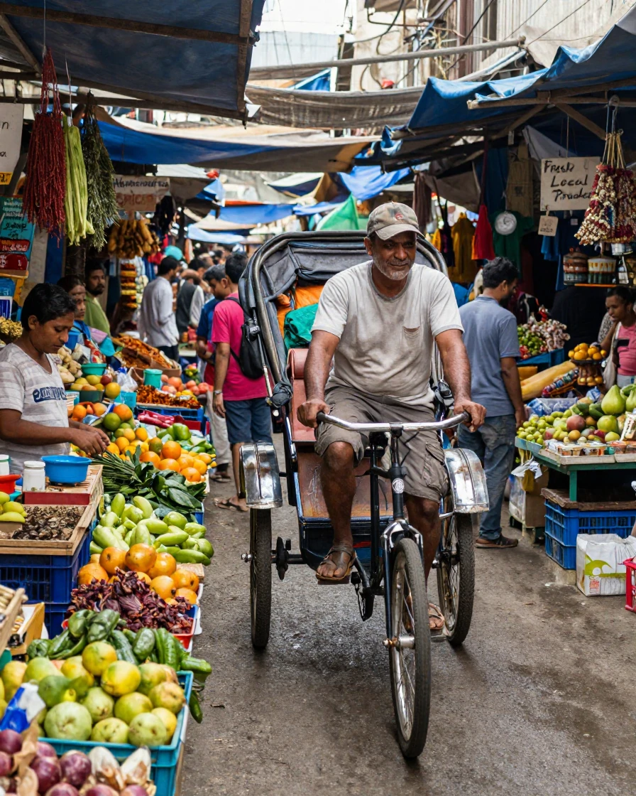 A rickshaw driver pedals through a narrow alley crowded with market stalls.