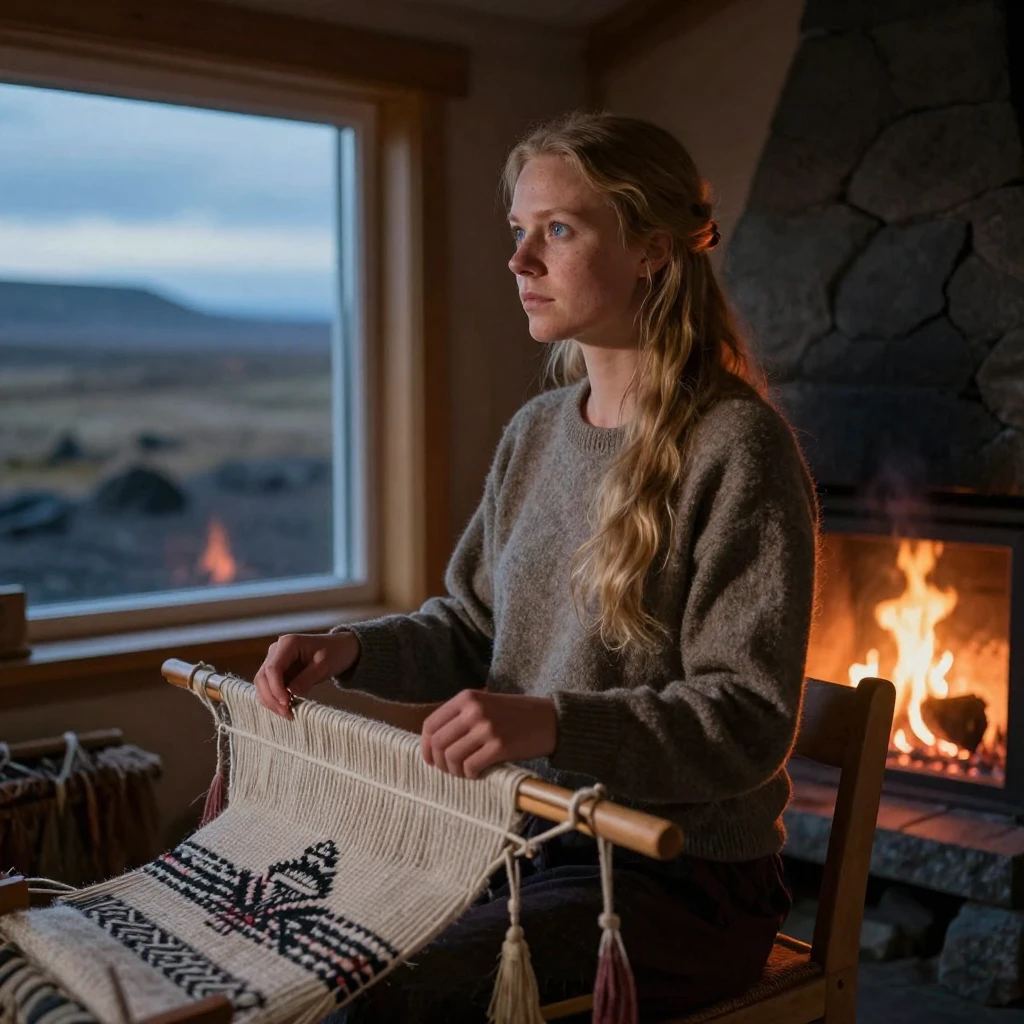 A young Icelandic weaver gazing thoughtfully at the horizon beside a crackling fireplace at dusk