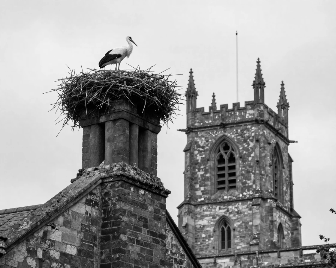 A stork nests atop an old chimney beside a weathered church tower.