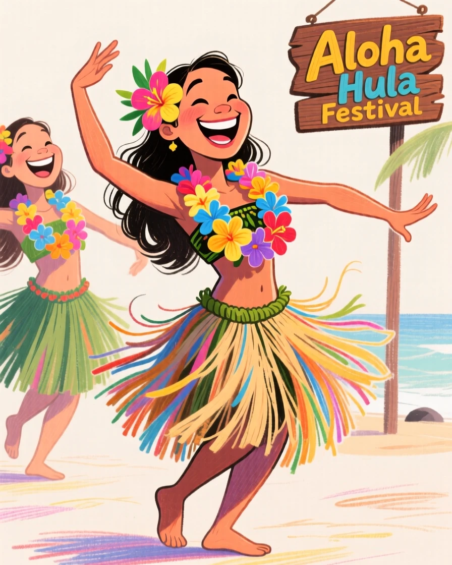 Dancers performing a traditional Hawaiian hula, flower leis swaying with each movement.