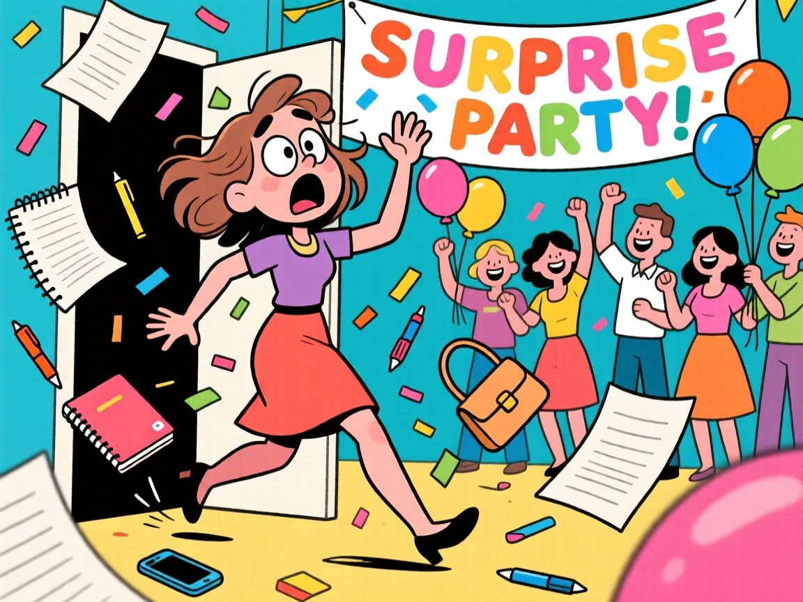 A funny expressive moment showing a woman reacting with exaggerated shock to a surprise party, as papers and belongings scatter everywhere.