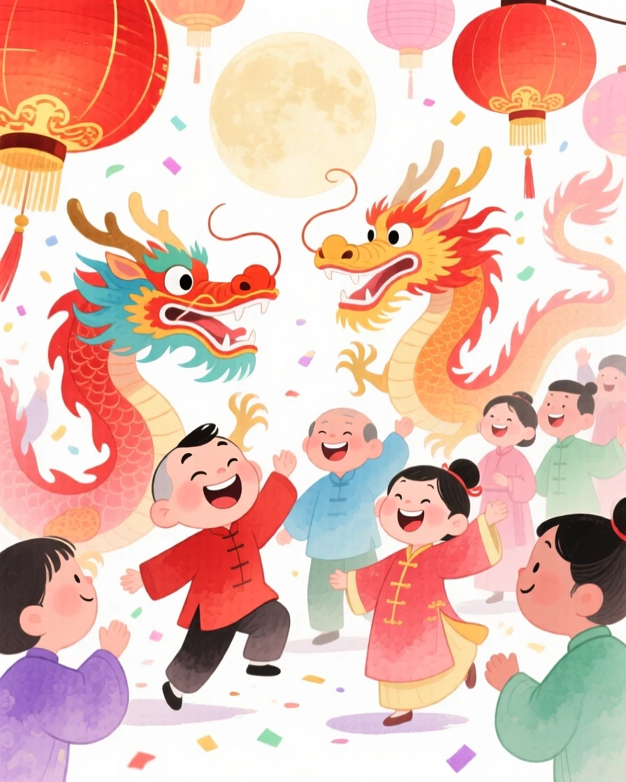 A joyful celebration scene of a Lunar New Year celebration with red lanterns and dancing dragons, sparkling with celebratory energy