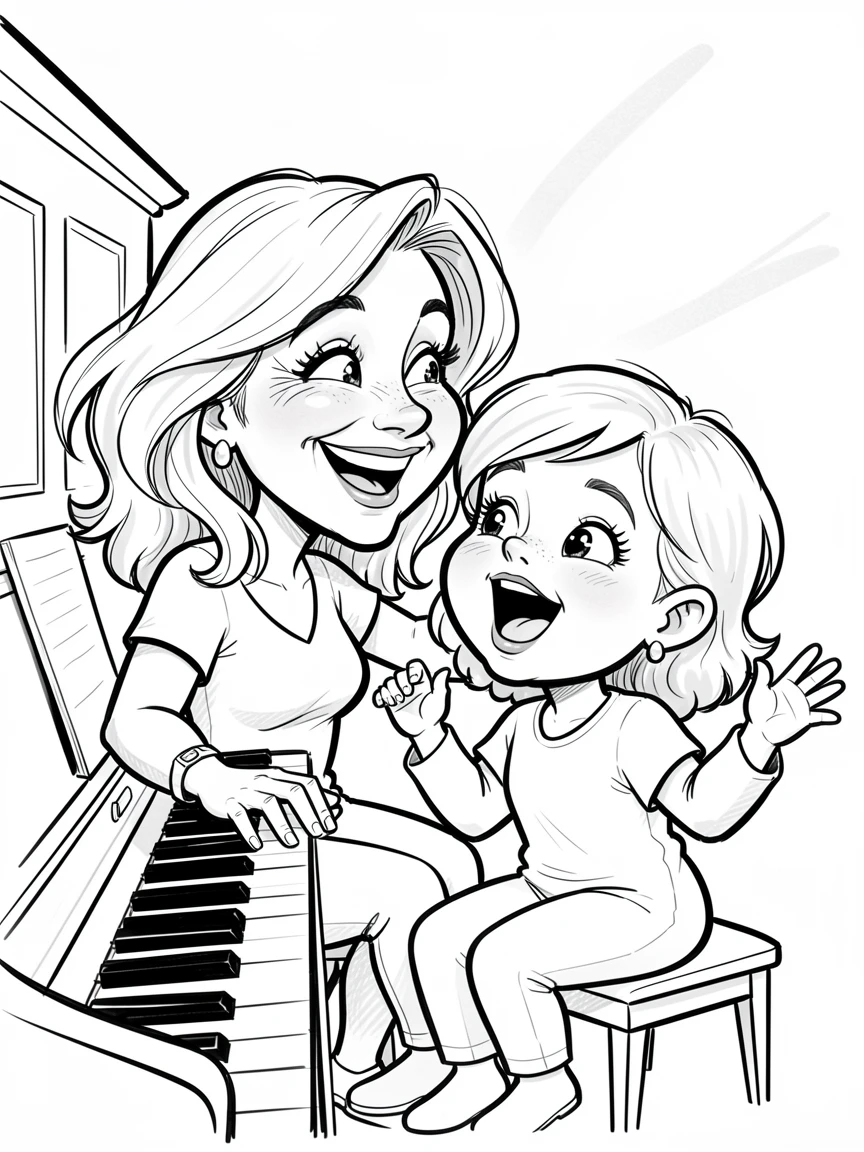 [Family & Relationship Moments] Heartwarming scene of a playful mother and daughter singing together around a piano, radiating love and warmth