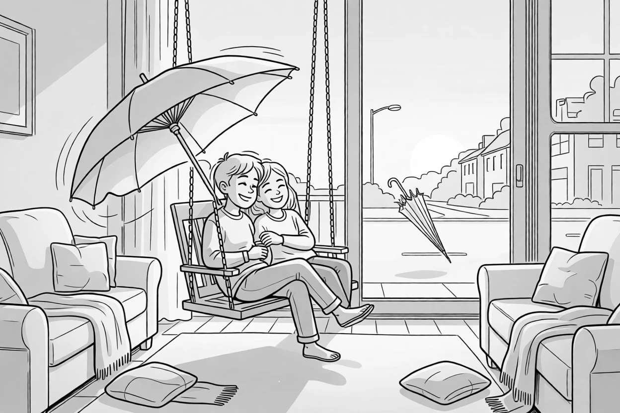 A pair leaning together on a porch swing at sunset, huddling close as the umbrella tips sideways, set in a living room strewn with couch cushions and blankets. A dropped umbrella tumbles away down the street. There's a tender sweetness beneath all the silliness.