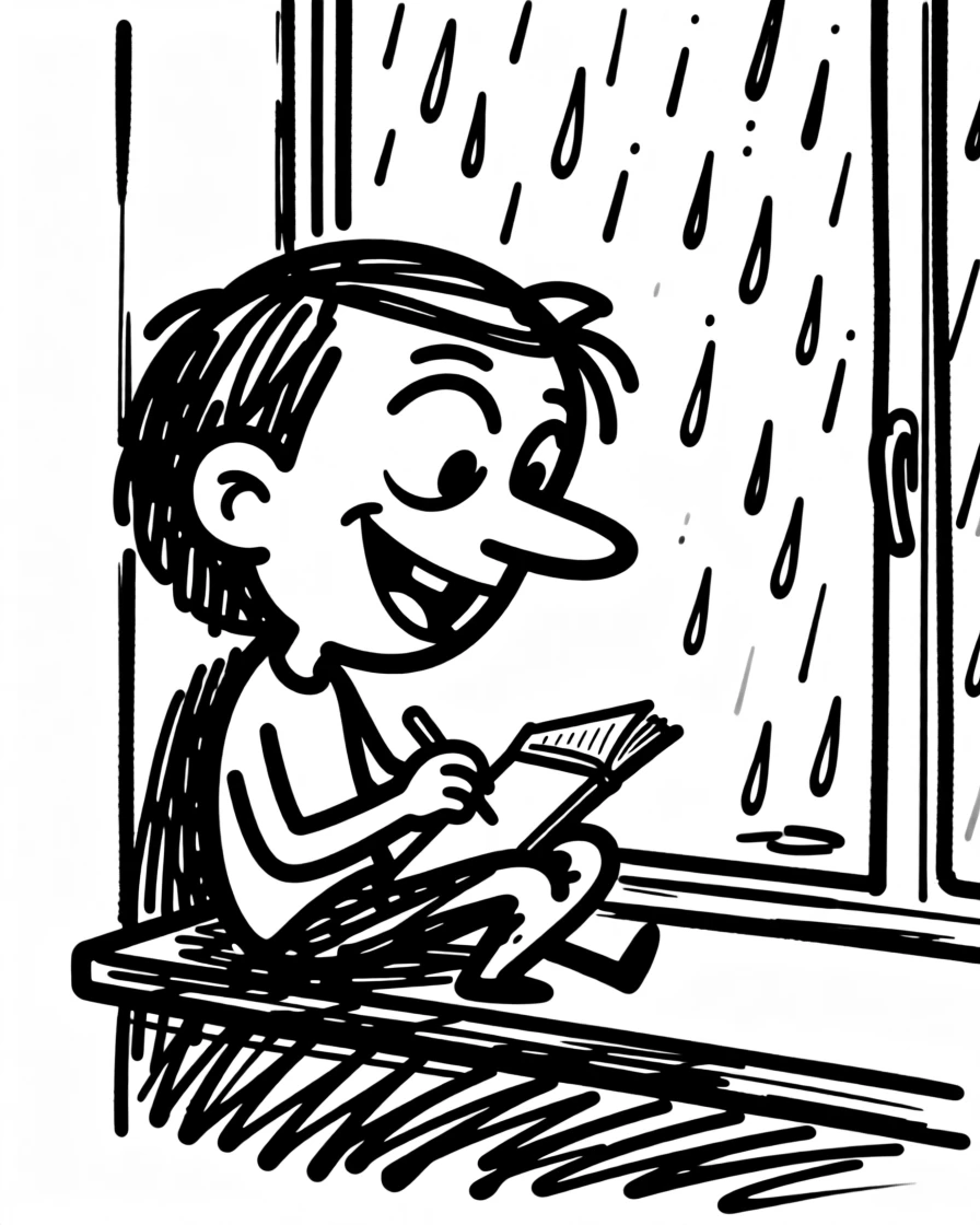 A person journaling at a window seat while rain patters softly outside.