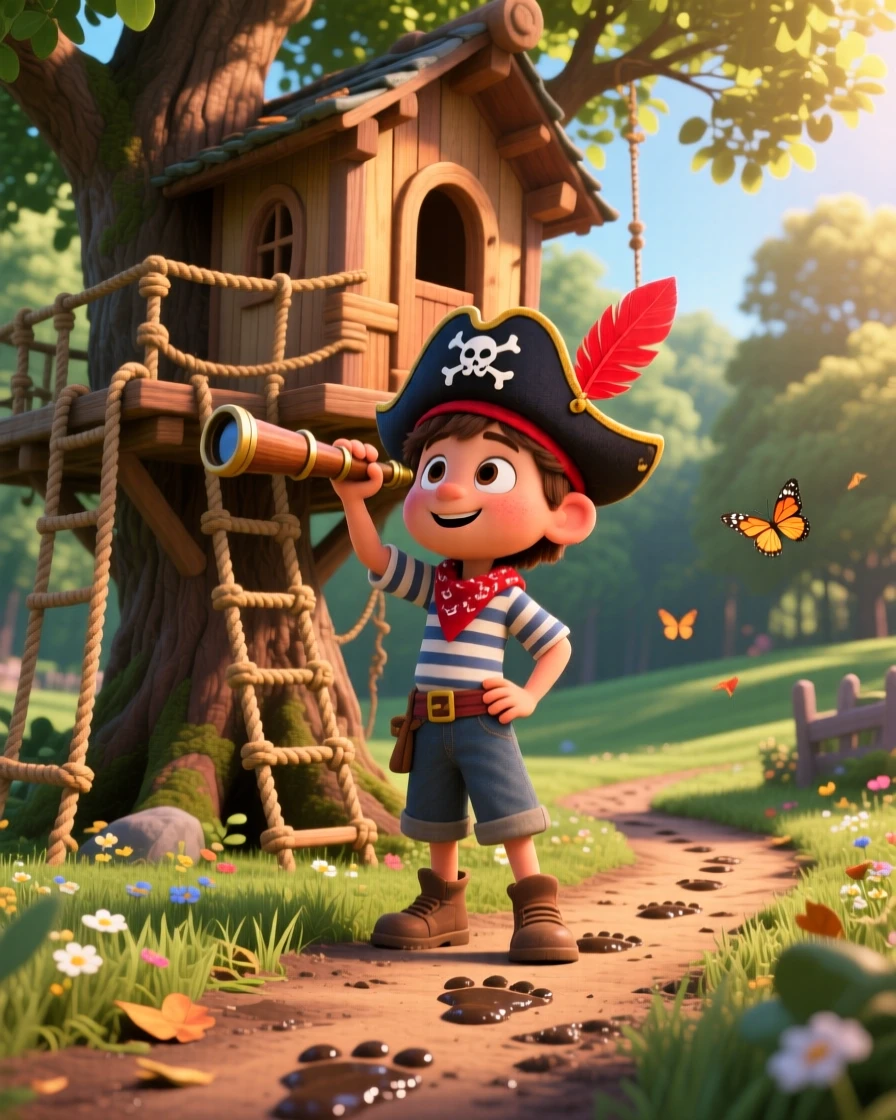 A kid pretending to be a pirate captain takes place beside a treehouse strung with rope ladders, with a trail of muddy footprints leading away. A lighthearted sense of discovery colors the moment.