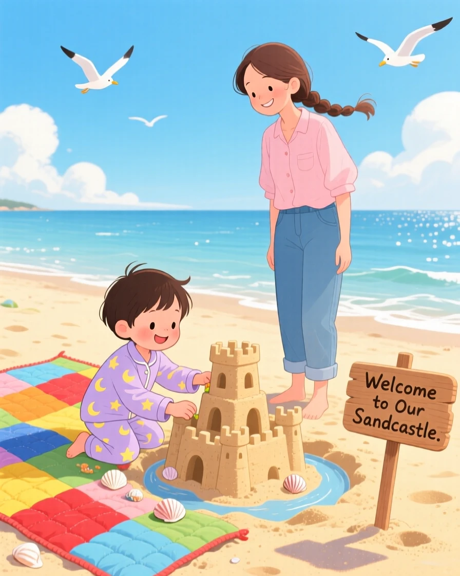 With her mother close by, a young child in pajamas is building a sandcastle at the beach, with a homemade quilt spread beneath them.