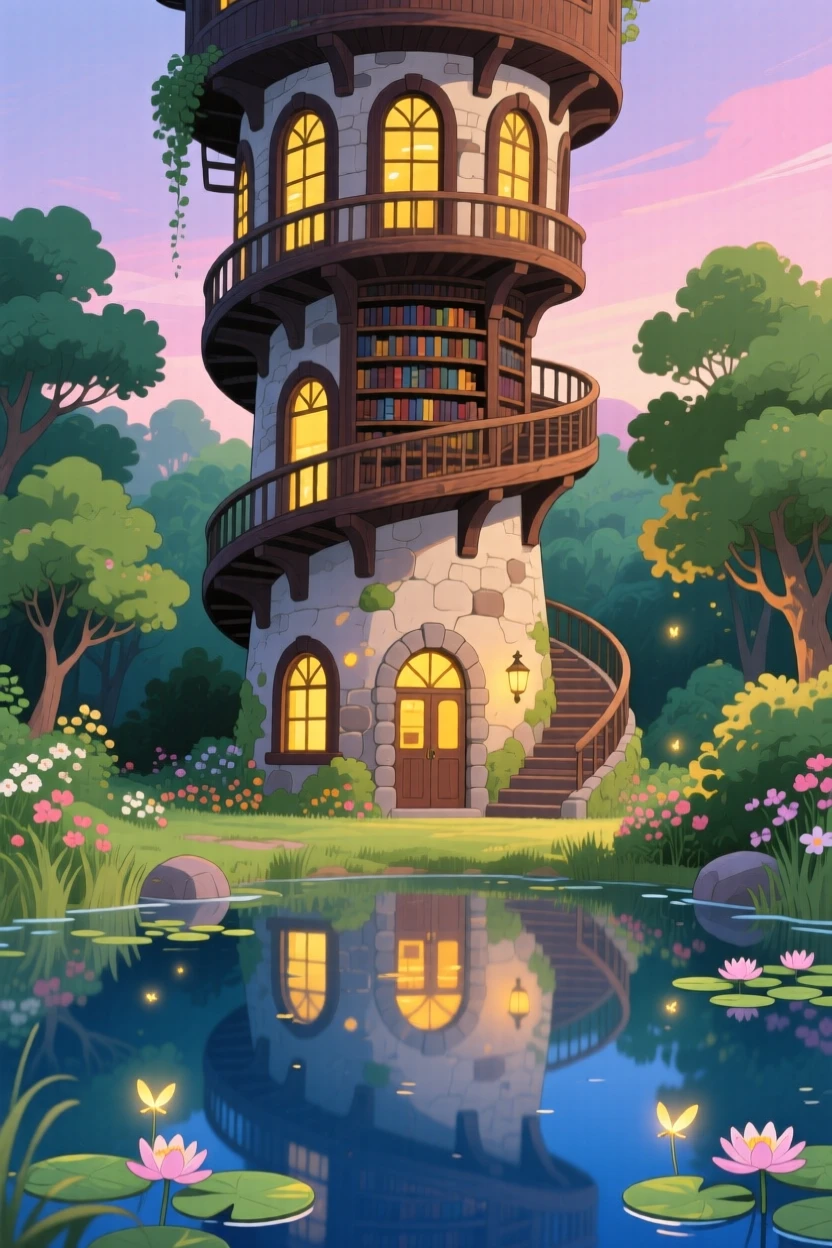 A charming view of a spiral tower library filled with tall arched windows, reflected perfectly in a still nearby pond.