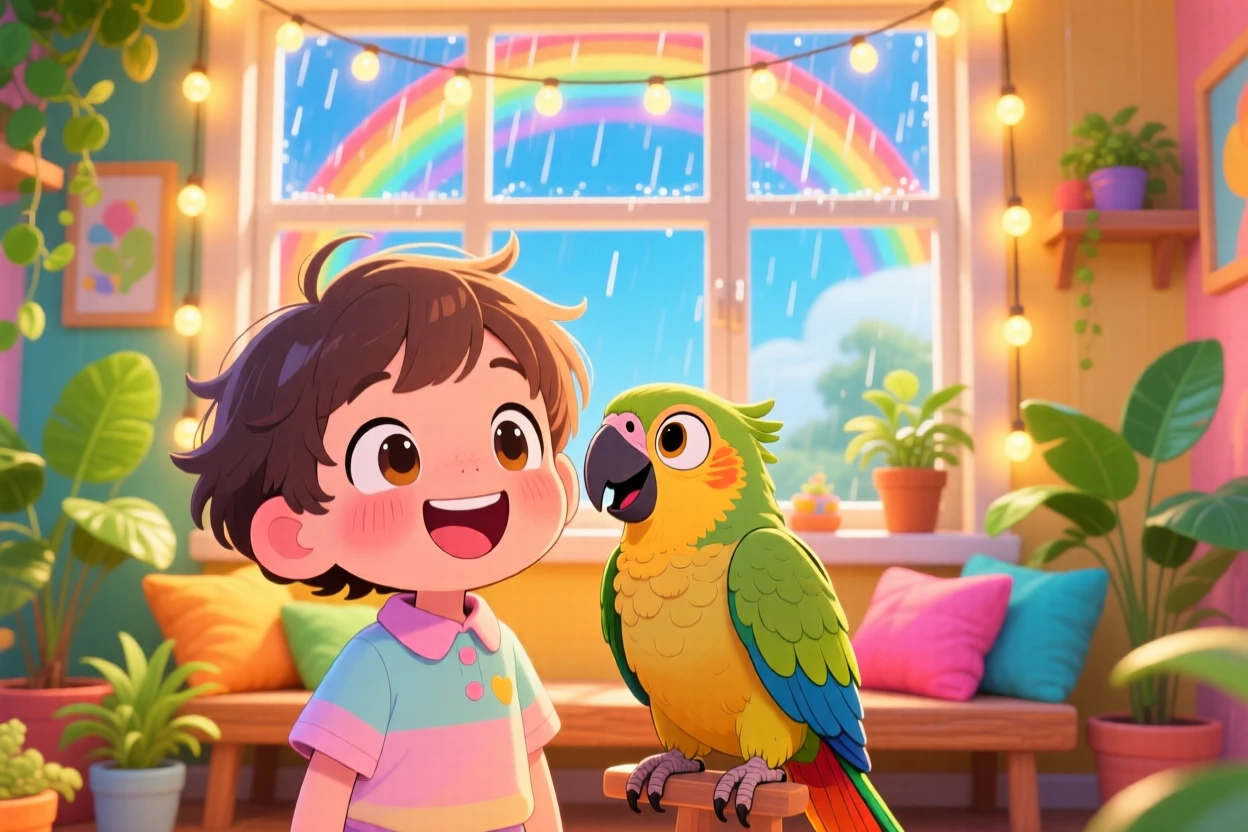 In a colorful sunroom, a child and a parrot are sharing a joke with matching grins under a rainbow after the rain, bathed in glowing string lights, expression full of warm affection. Shot as a waist-up portrait.