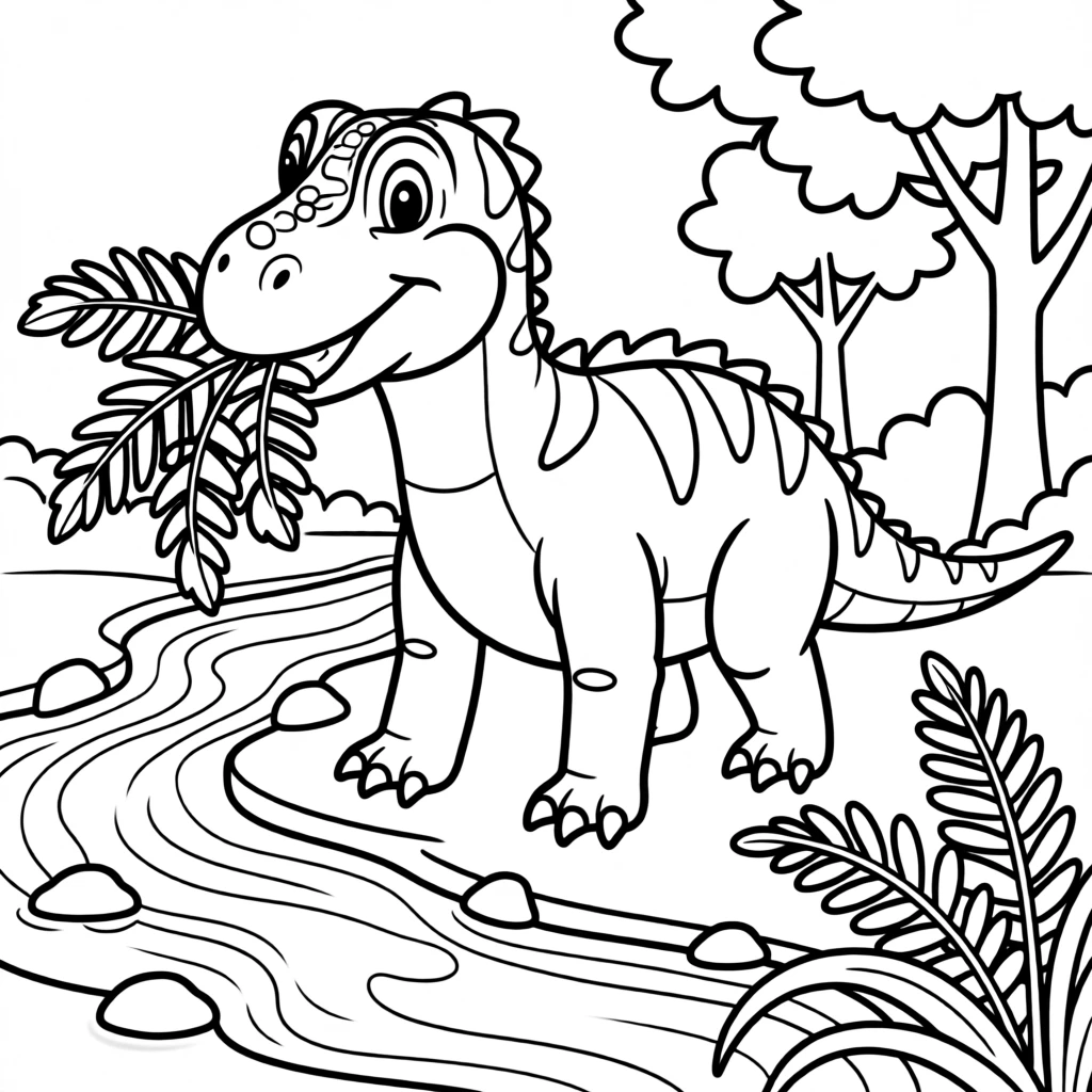 A friendly Iguanodon munching on ferns by a river