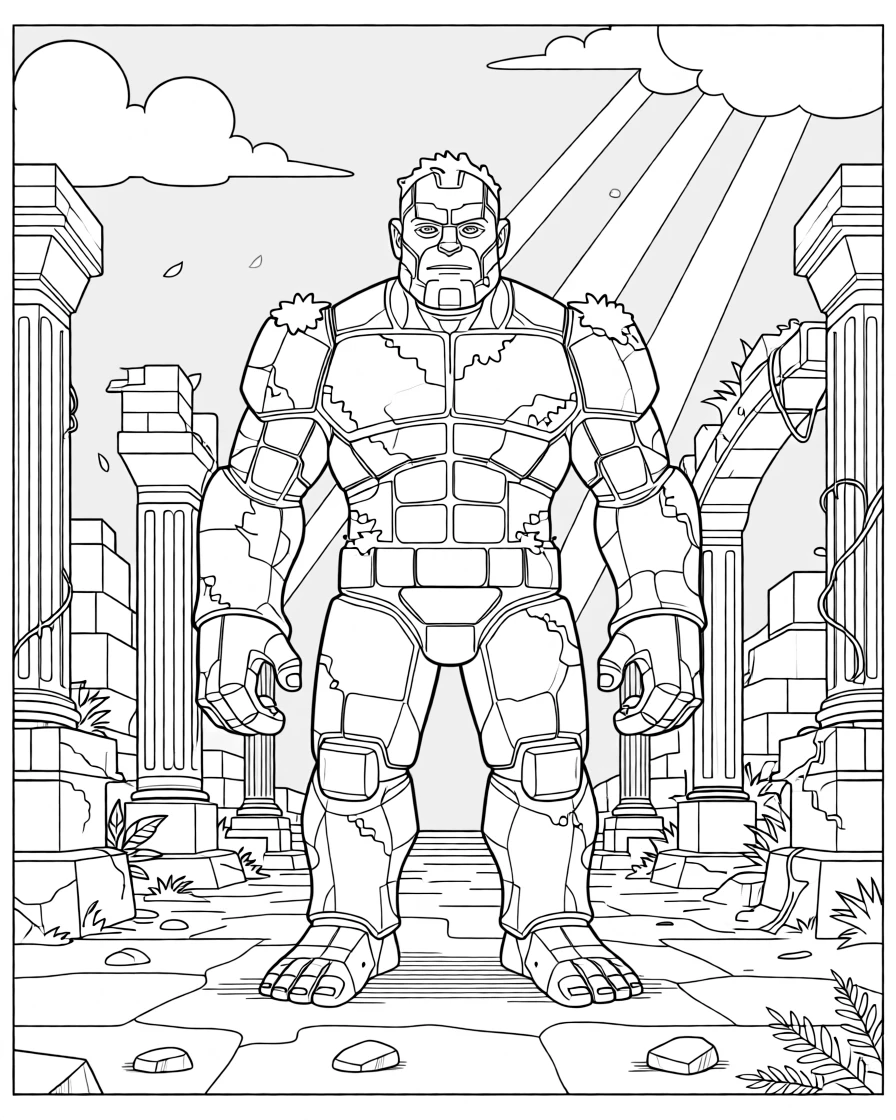 A golem made of stone and moss standing in ruins, with beams of moonlight cutting through the clouds.