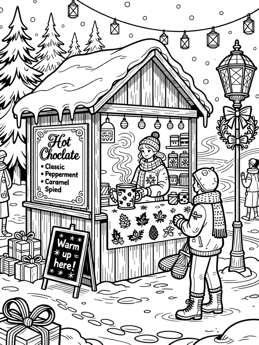 A winter hot chocolate stand scene at a snowy holiday market.