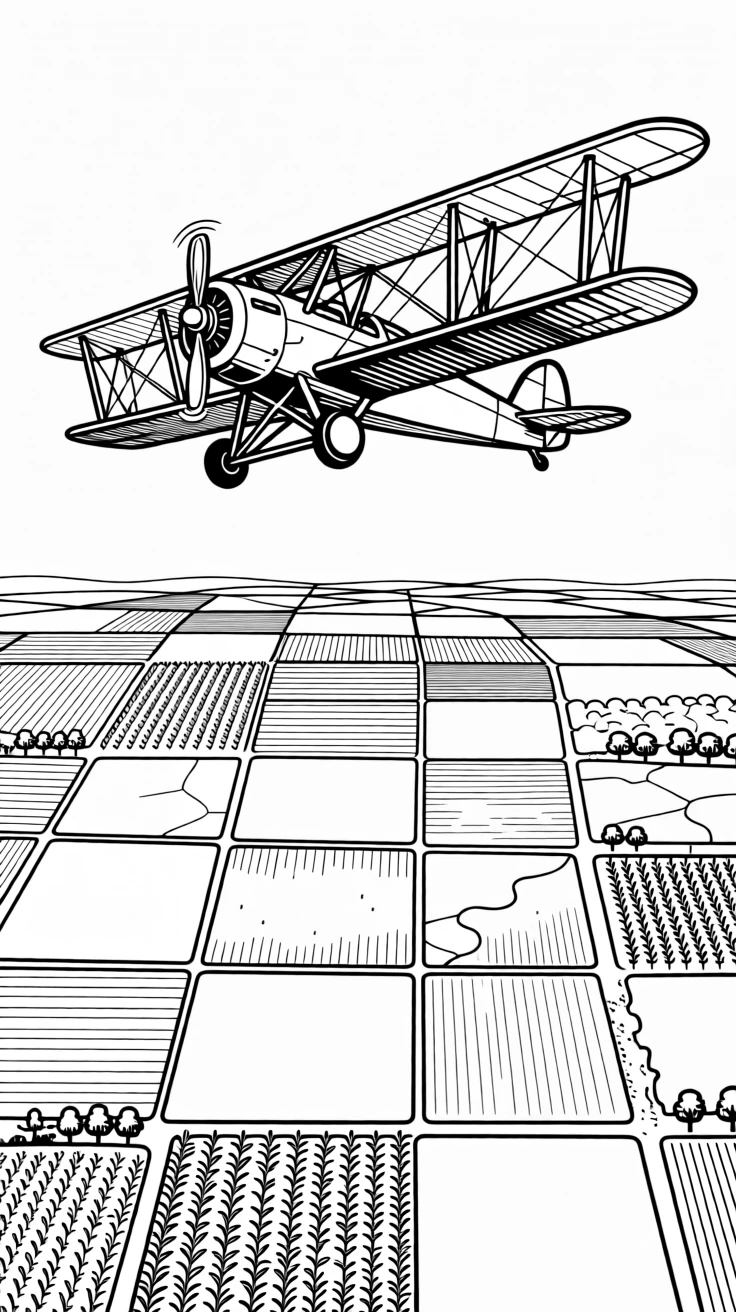 A vintage airplane flying over a patchwork of farmland
