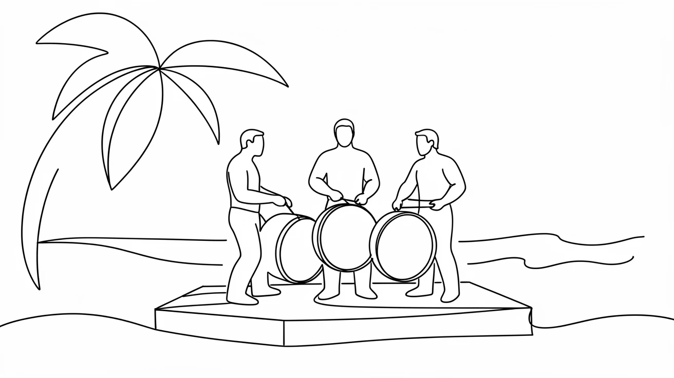 A steel drum band performing on a tropical beachfront stage