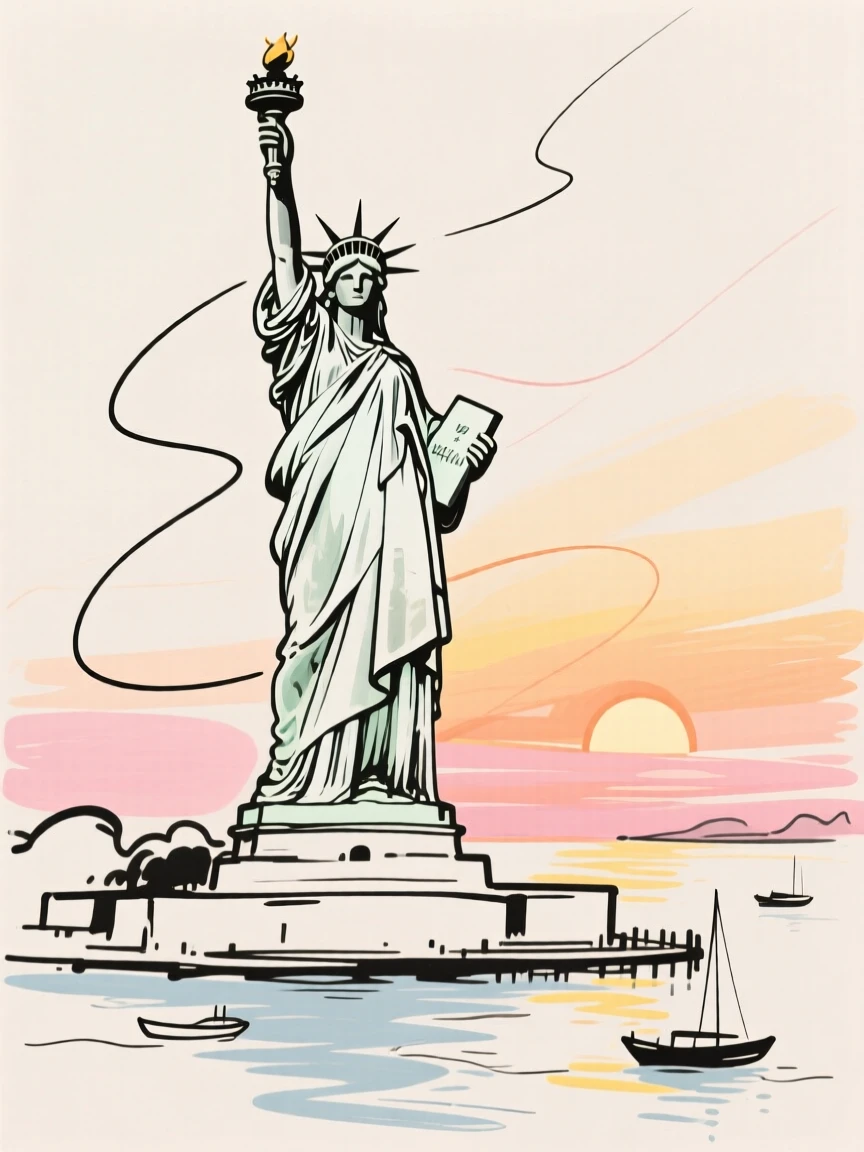The Statue of Liberty rising above a harbor at sunrise.