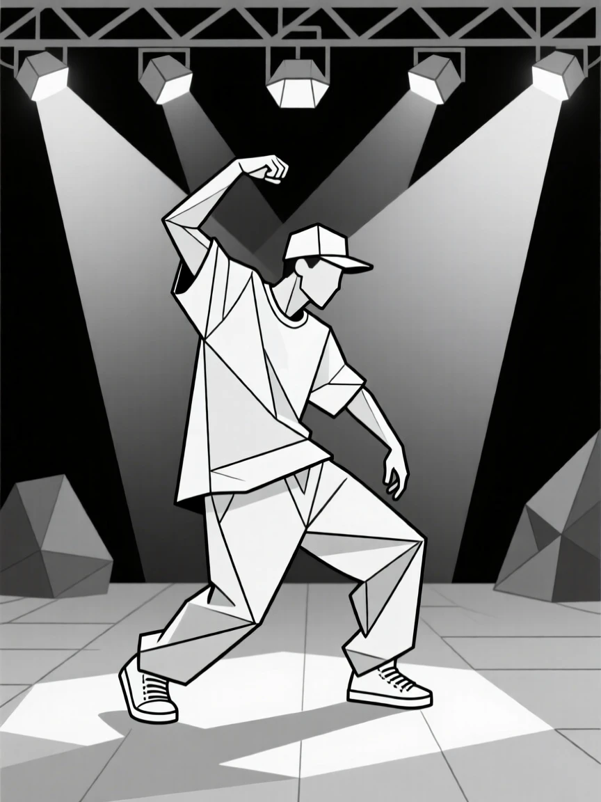 A hip-hop dancer freezing mid-move under stage lights
