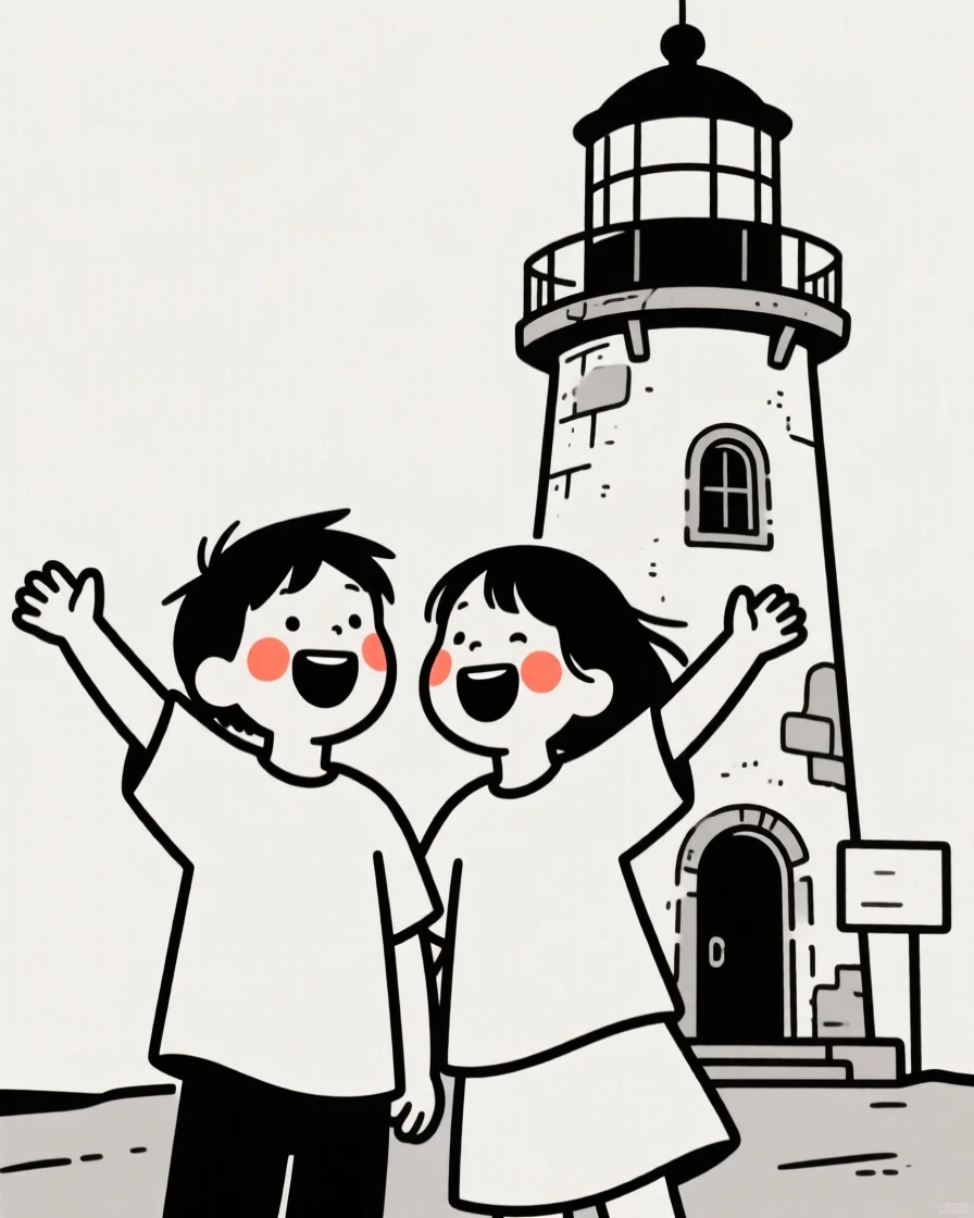 Siblings laughing together, bursting with excitement, beside an old lighthouse.
