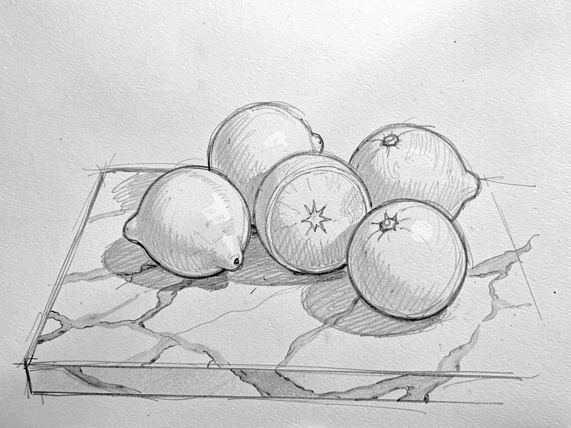An appetizing still life of a citrus fruit still life with lemons and oranges on a marble countertop, with a warm, inviting glow.