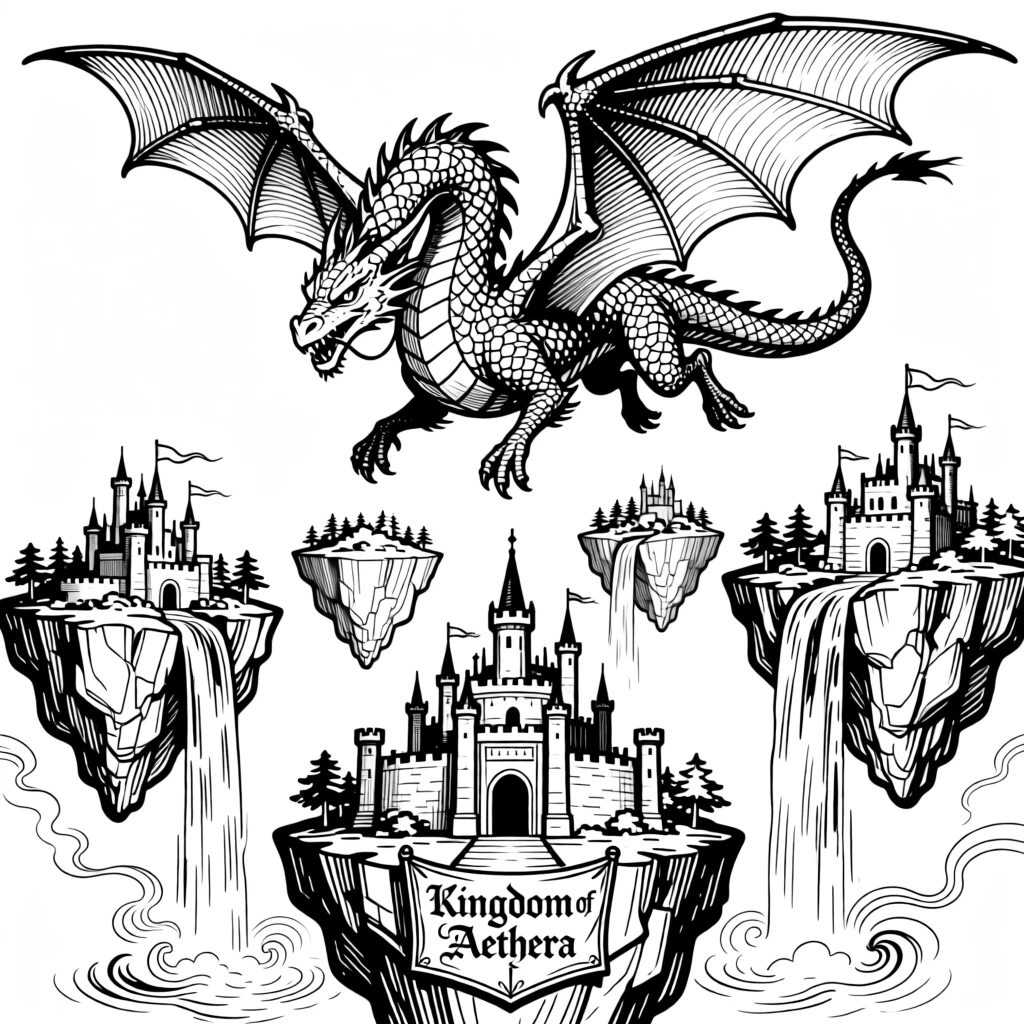 A dragon soaring above a kingdom of floating islands connected by waterfalls.