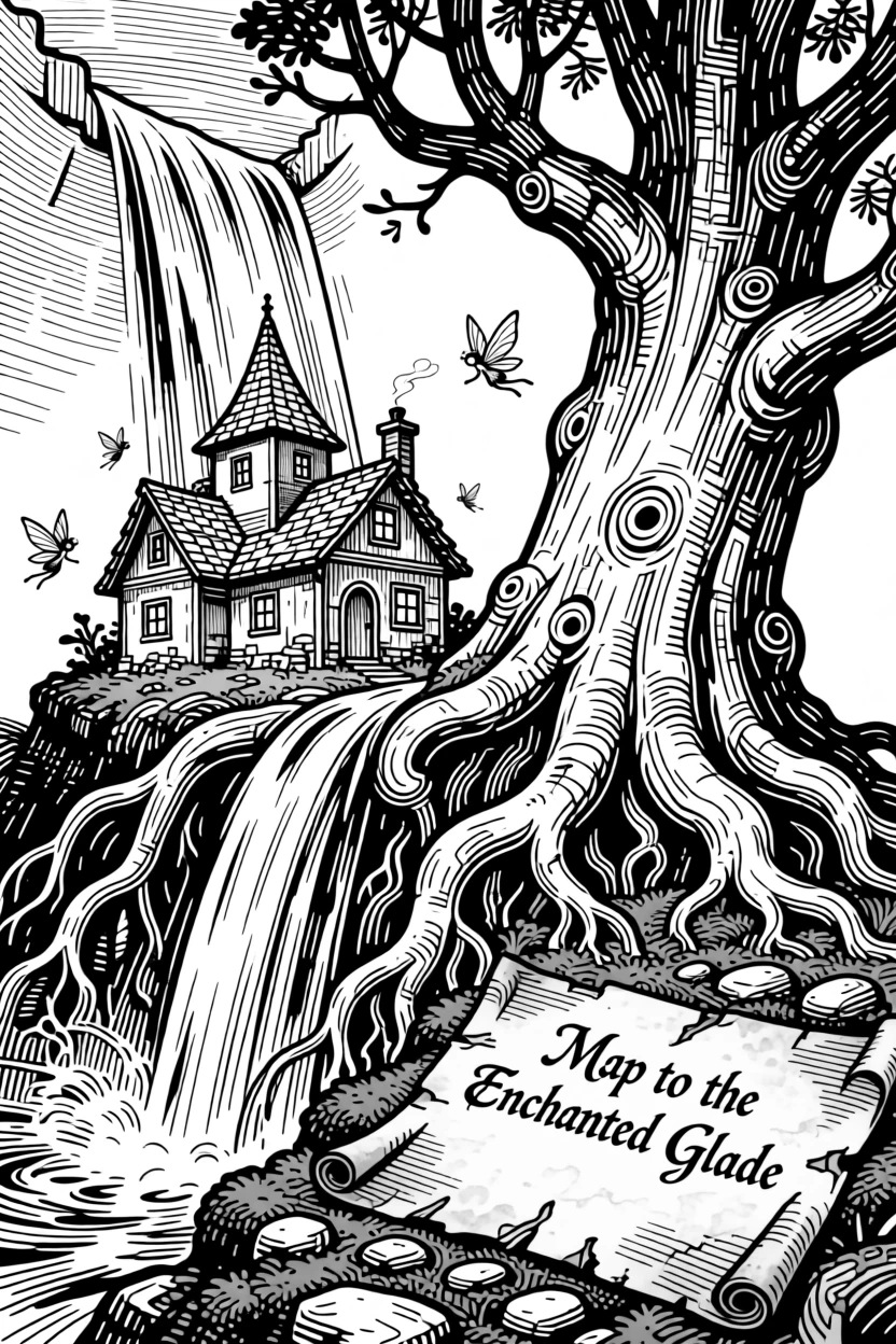 A hidden fairy village nestled in tree roots beside a waterfall that flows upward, with an old map unfurled nearby, forming a serene yet powerful fantasy scene.