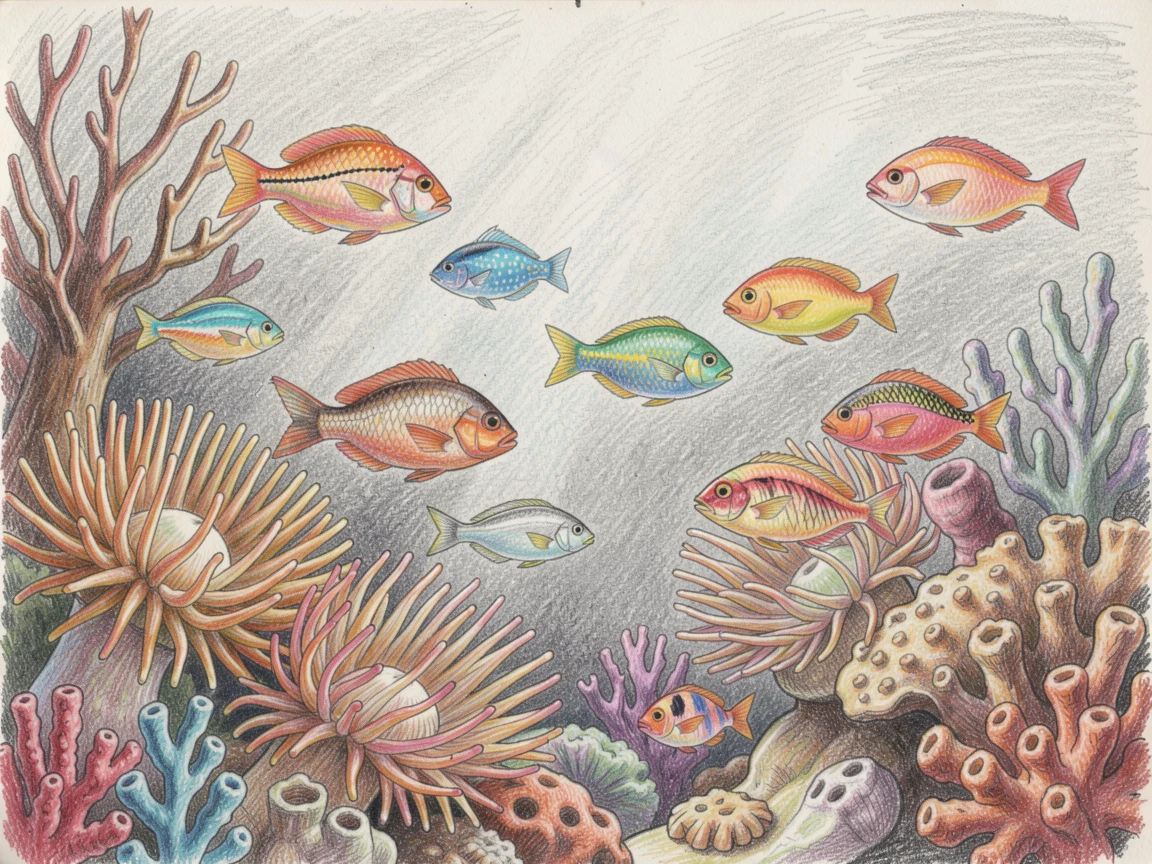 A coral reef teeming with colorful fish and swaying anemones, captured in a quiet, intimate moment full of atmosphere, celebrating a moment people would love to revisit.