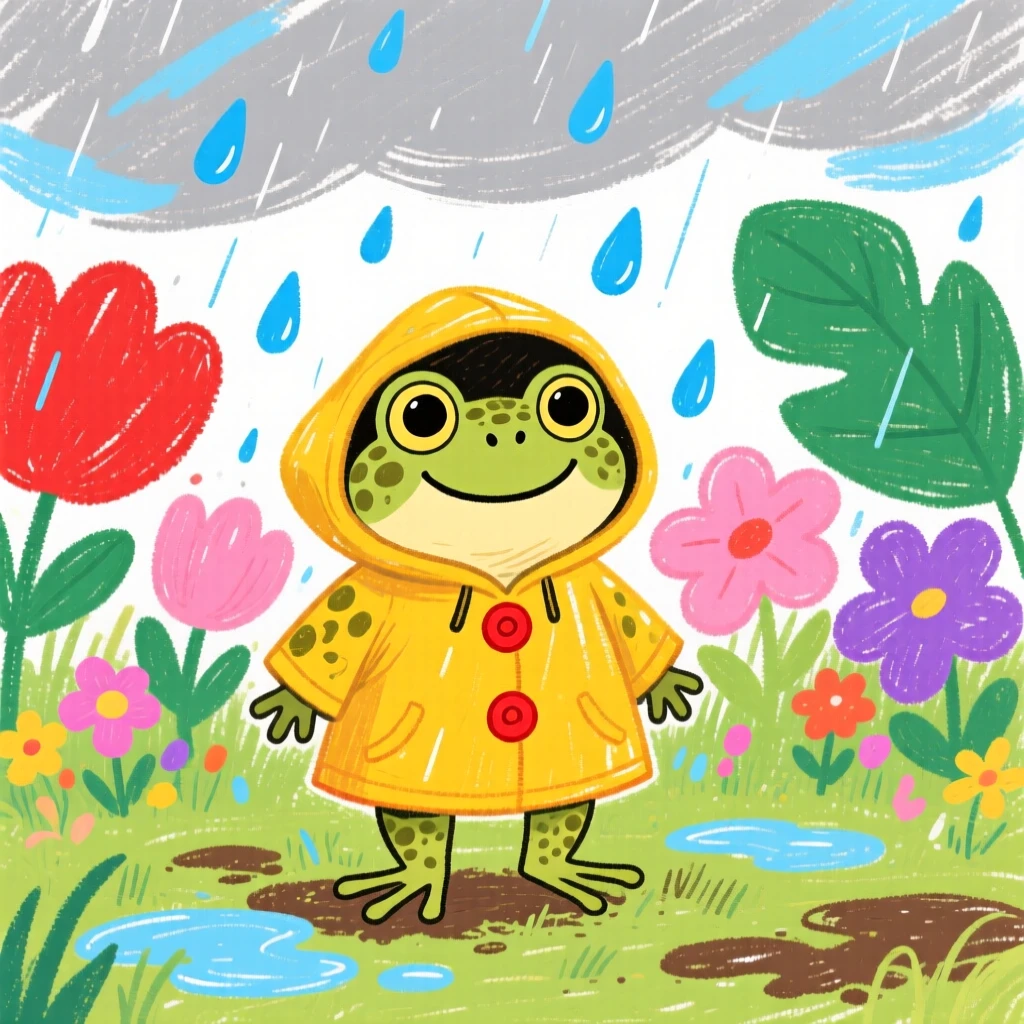 A small toad wearing tiny raincoats during a garden shower.