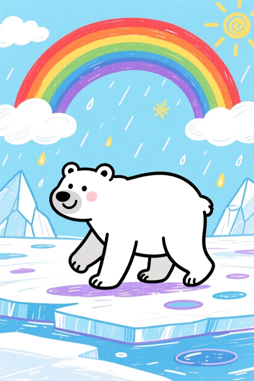 A polar bear walking across an icy landscape beneath a rainbow after a storm.