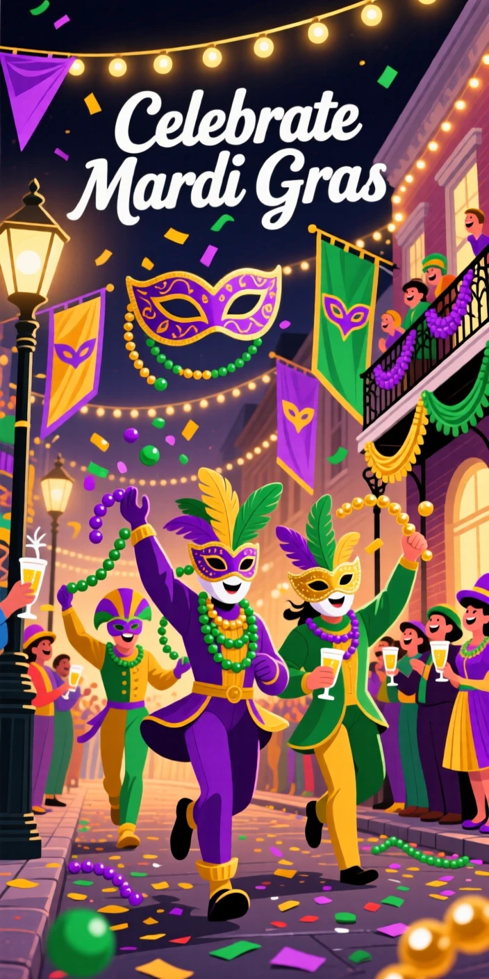 A festive Mardi Gras parade with beads and colorful masks, decorated with warm string lights and colorful banners, arranged with cheerful details filling every corner, with warm twinkling lights adding a magical sparkle.
