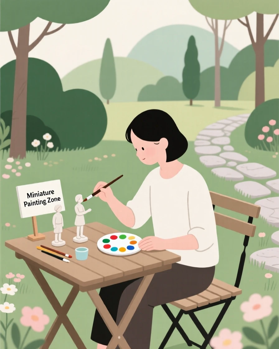 A person painting miniature figures in a peaceful garden.