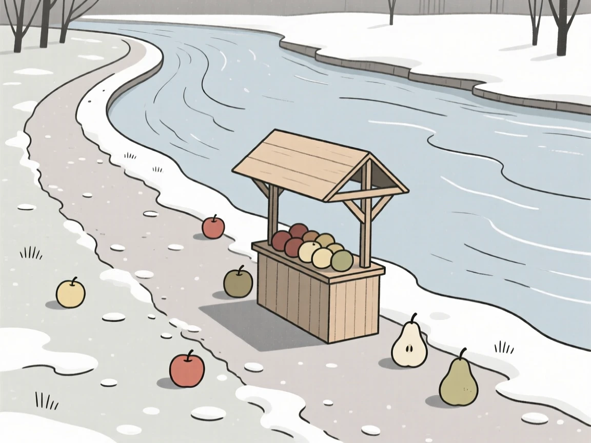 A riverside path, transformed by first snowfall of winter, with a wooden fruit stand scattered throughout, captures nostalgic comfort.