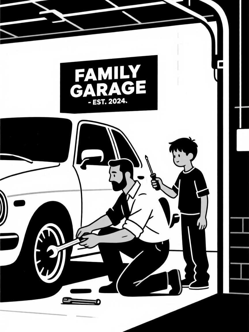 A father and son fixing a car together in a garage.