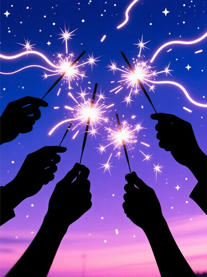 A summer night sky filled with the glowing trails of sparklers.