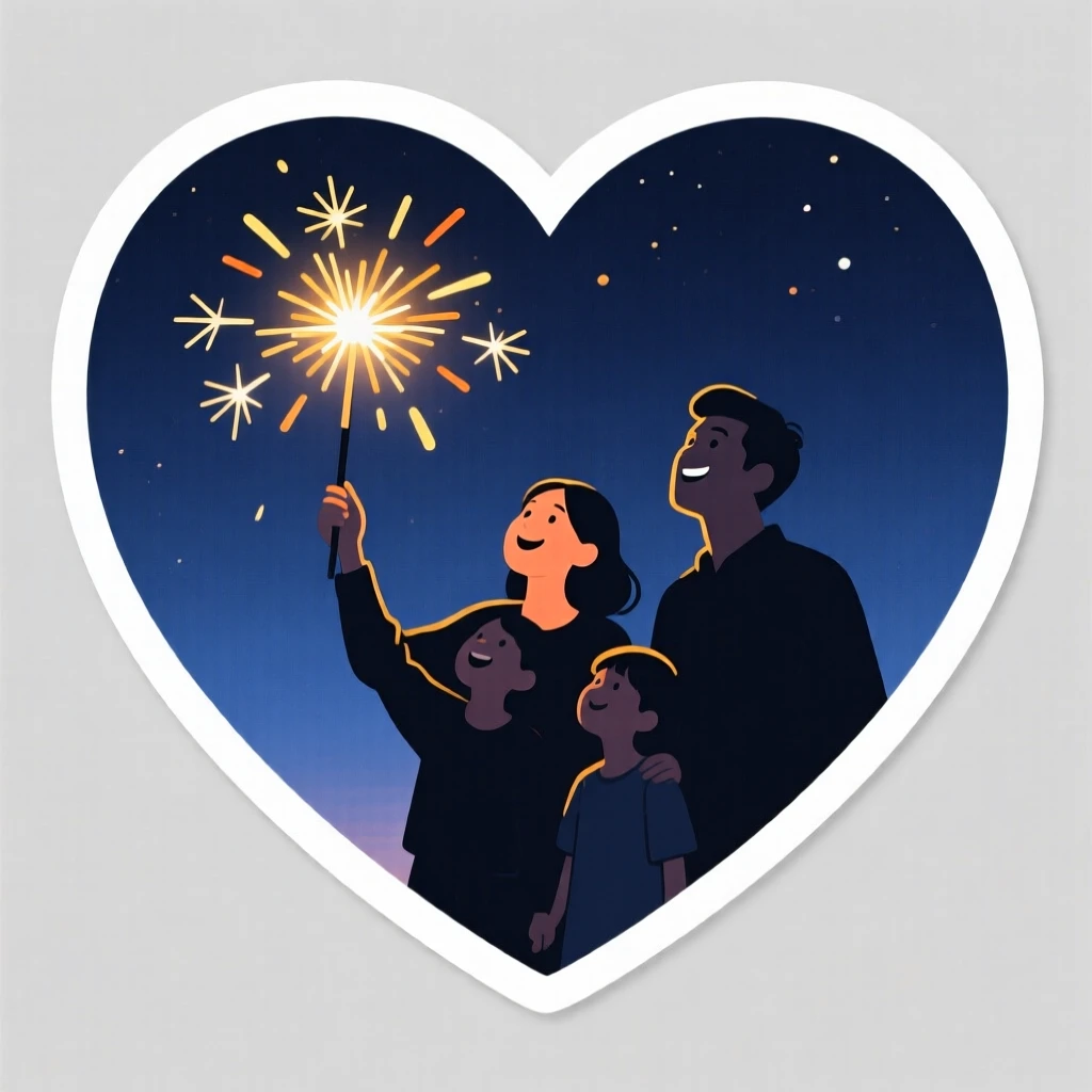 A cozy and heartwarming sparkler held up against a night sky, glowing softly in the evening light, at a joyful family gathering.