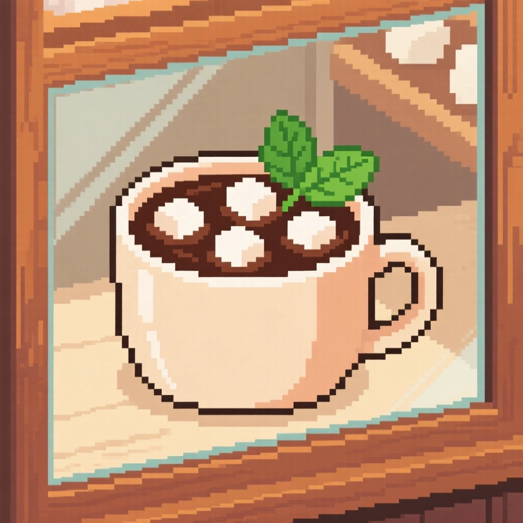 A cup of hot cocoa with marshmallows decorated with a sprig of mint, in a cozy bakery display case.